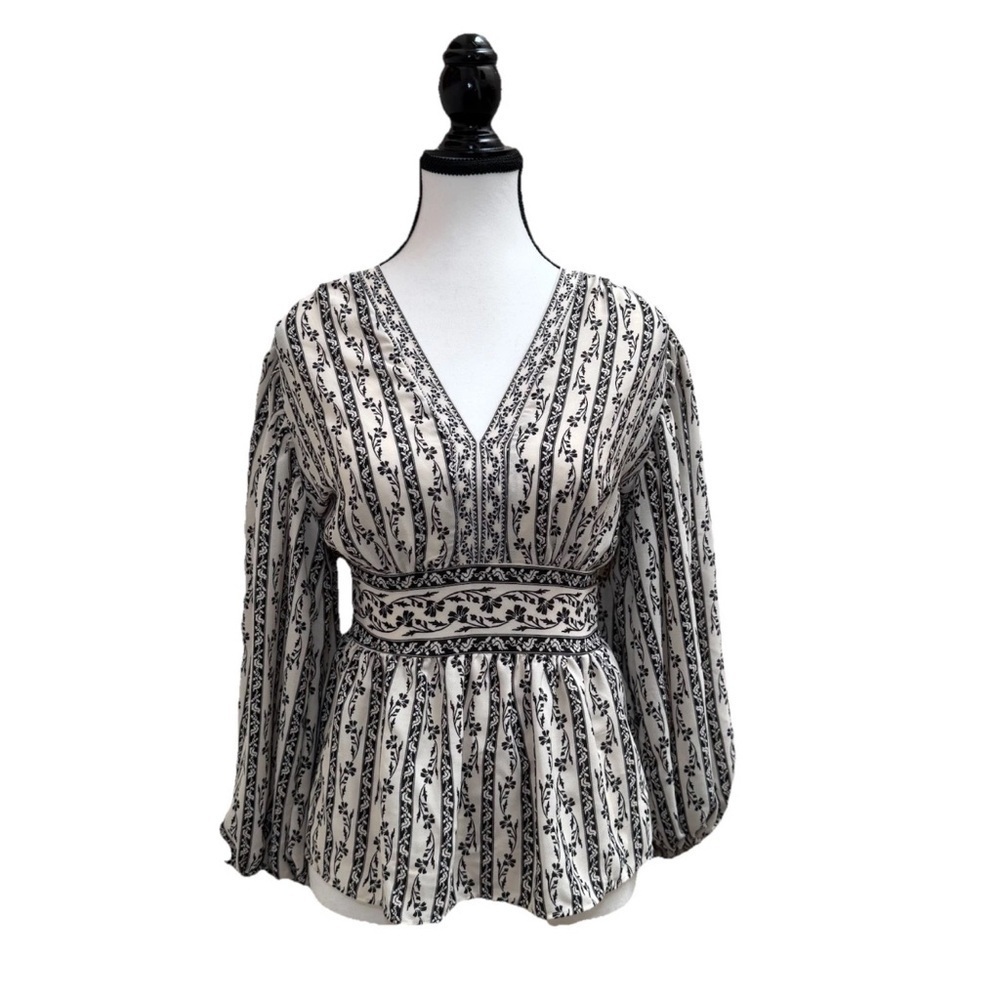 MAX STUDIO Peasant Blouse Black Ivory Floral V-Neck Smocked XS Whimsygoth *NWT